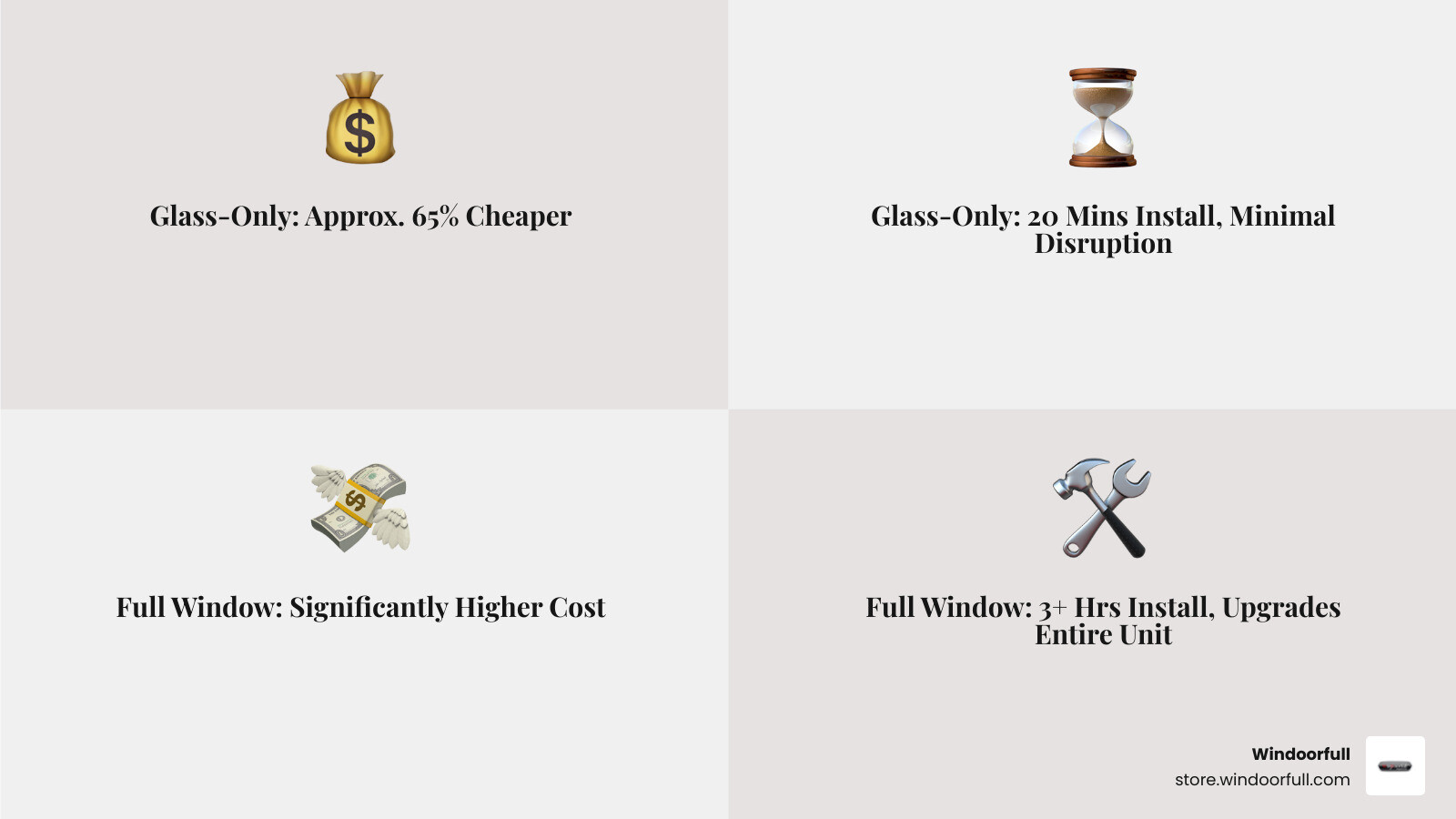 Infographic explaining the key differences between replacing only the glass vs. replacing the entire window, highlighting cost, time, and mess. Glass-only replacement is about 65% cheaper, takes 20 minutes, causes minimal disruption, and focuses on glass repair. Full window replacement costs more, takes 3+ hours, might require redecorating, and upgrades the entire window unit, including frame and mechanisms. - replacement glass for upvc windows infographic 4_facts_emoji_grey Infographic explaining the key differences between replacing only the glass vs. replacing the entire window, highlighting cost, time, and mess. Glass-only replacement is about 65% cheaper, takes 20 minutes, causes minimal disruption, and focuses on glass repair. Full window replacement costs more, takes 3+ hours, might require redecorating, and upgrades the entire window unit, including frame and mechanisms. - replacement glass for upvc windows infographic 4_facts_emoji_grey