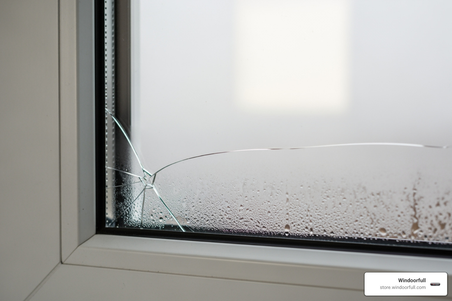 A close-up image showing a small crack extending from the corner of a double-glazed uPVC window unit, with slight condensation visible between the panes. - replacement glass for upvc windows A close-up image showing a small crack extending from the corner of a double-glazed uPVC window unit, with slight condensation visible between the panes. - replacement glass for upvc windows