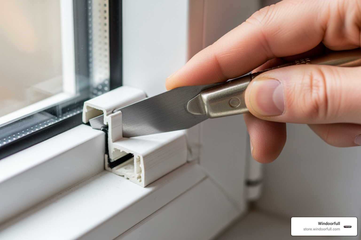 A close-up image showing a glazing knife being used to carefully pry a white uPVC glazing bead away from the window frame, revealing the gap where the glass unit is held. - replacement glass for upvc windows A close-up image showing a glazing knife being used to carefully pry a white uPVC glazing bead away from the window frame, revealing the gap where the glass unit is held. - replacement glass for upvc windows