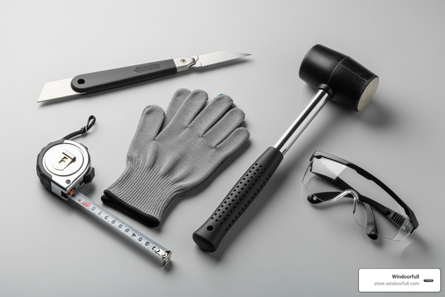 A flat lay image showing essential tools for uPVC window glass replacement: a glazing knife, a rubber mallet, a measuring tape, cut-resistant safety gloves, and safety goggles. - replacement glass for upvc windows A flat lay image showing essential tools for uPVC window glass replacement: a glazing knife, a rubber mallet, a measuring tape, cut-resistant safety gloves, and safety goggles. - replacement glass for upvc windows