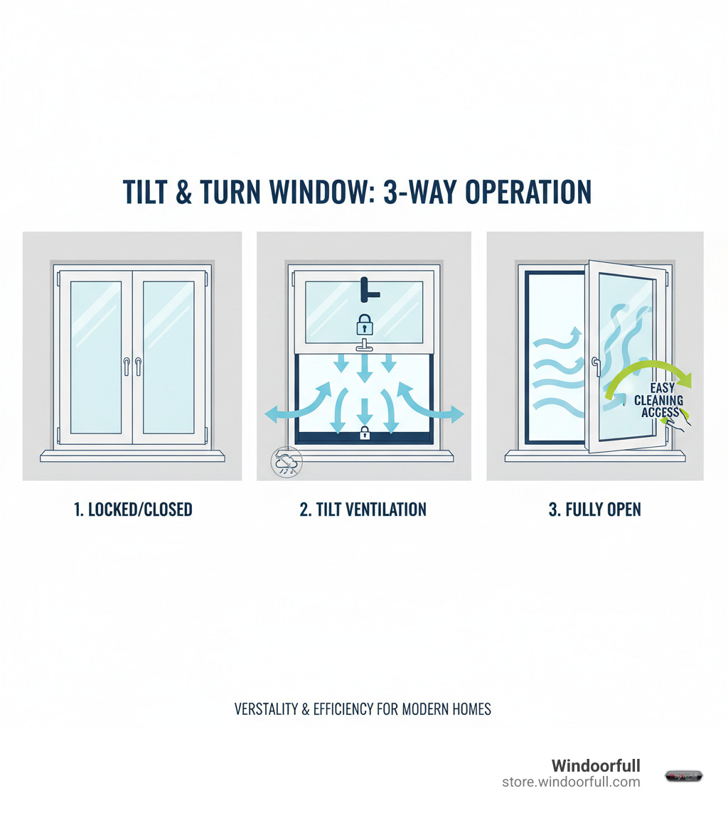 infographic showing tilt and turn window three operating positions with handle positions: handle pointing down for locked closed position, handle pointing up for tilted ventilation mode, and handle pointing horizontal for fully open inward swing mode, with arrows indicating airflow and cleaning access - tilt turn windows infographic infographic showing tilt and turn window three operating positions with handle positions: handle pointing down for locked closed position, handle pointing up for tilted ventilation mode, and handle pointing horizontal for fully open inward swing mode, with arrows indicating airflow and cleaning access - tilt turn windows infographic