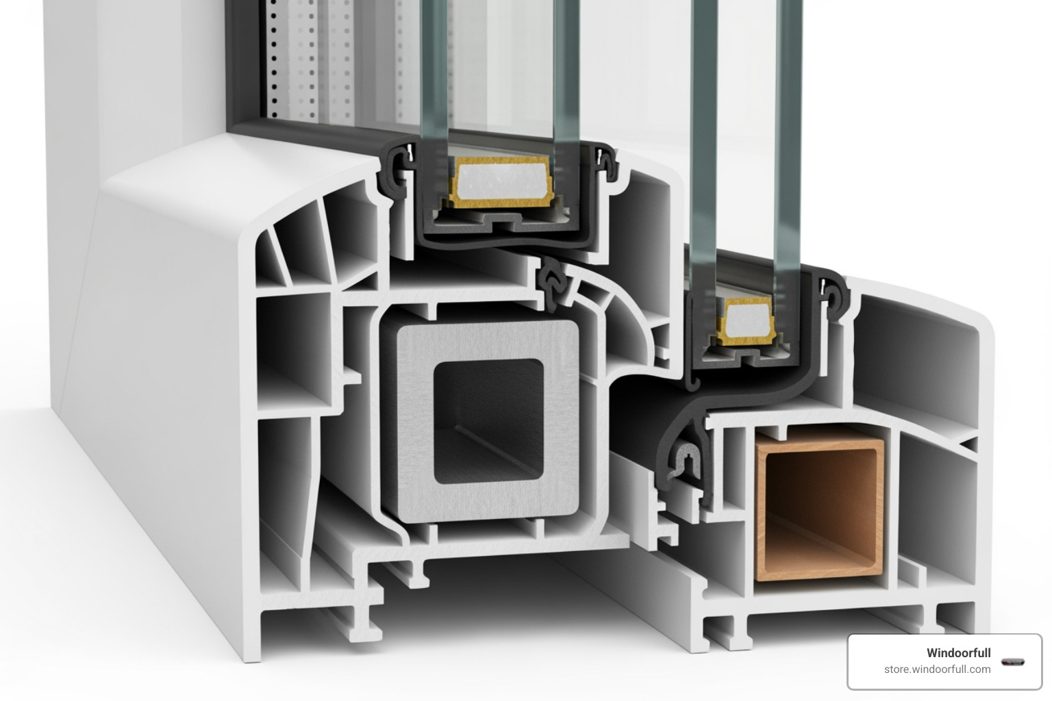 cross-section of multi-chambered uPVC tilt and turn window frame showing steel reinforcement and seals - tilt turn windows cross-section of multi-chambered uPVC tilt and turn window frame showing steel reinforcement and seals - tilt turn windows