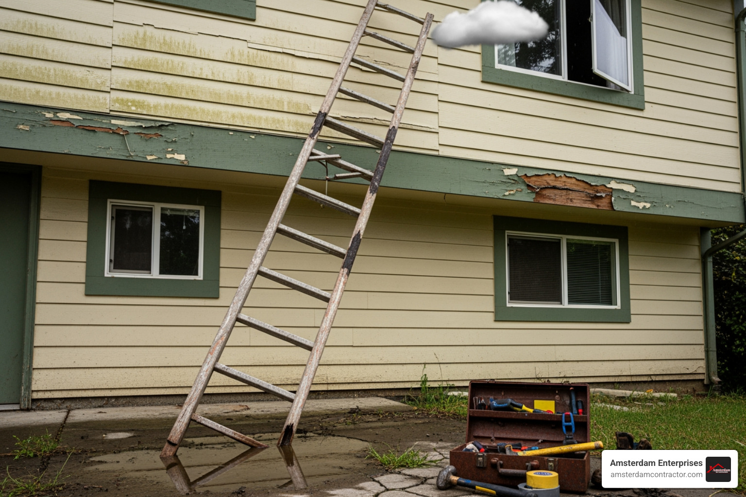 of a wobbly ladder leaning against a house, highlighting the dangers of DIY repair - best gutter repair companies near me
