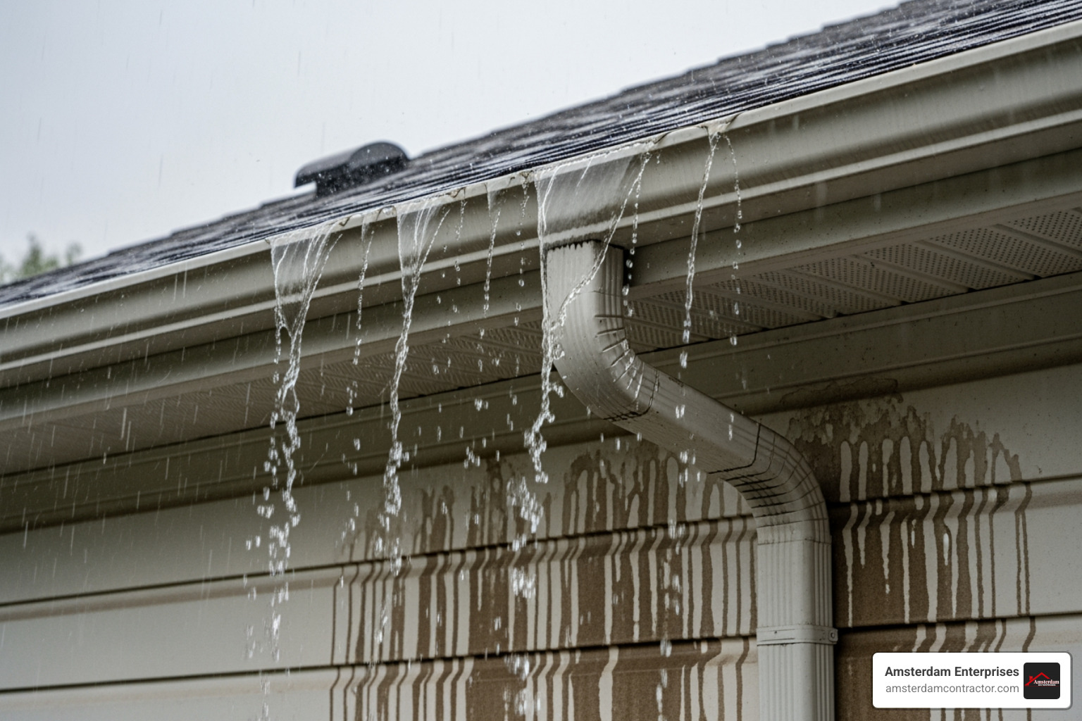 of a sagging, overflowing gutter with visible water stains on the siding below - best gutter repair companies near me