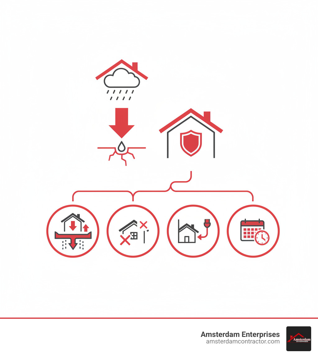 infographic showing how gutters protect home foundation from water damage, prevent roof rot, direct water away from walls, and extend home lifespan with proper maintenance - best gutter repair companies near me infographic 