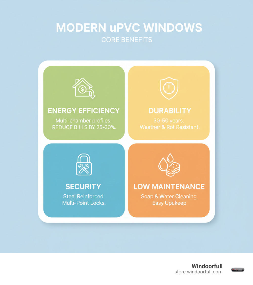 Infographic showing four core benefits of modern uPVC windows: Energy Efficiency with multi-chamber profiles reducing bills by 25-30%, Durability lasting 30-50 years with weather and rot resistance, Security featuring steel reinforcement and multi-point locks, and Low Maintenance requiring only soap and water cleaning - upvc modern windows infographic Infographic showing four core benefits of modern uPVC windows: Energy Efficiency with multi-chamber profiles reducing bills by 25-30%, Durability lasting 30-50 years with weather and rot resistance, Security featuring steel reinforcement and multi-point locks, and Low Maintenance requiring only soap and water cleaning - upvc modern windows infographic