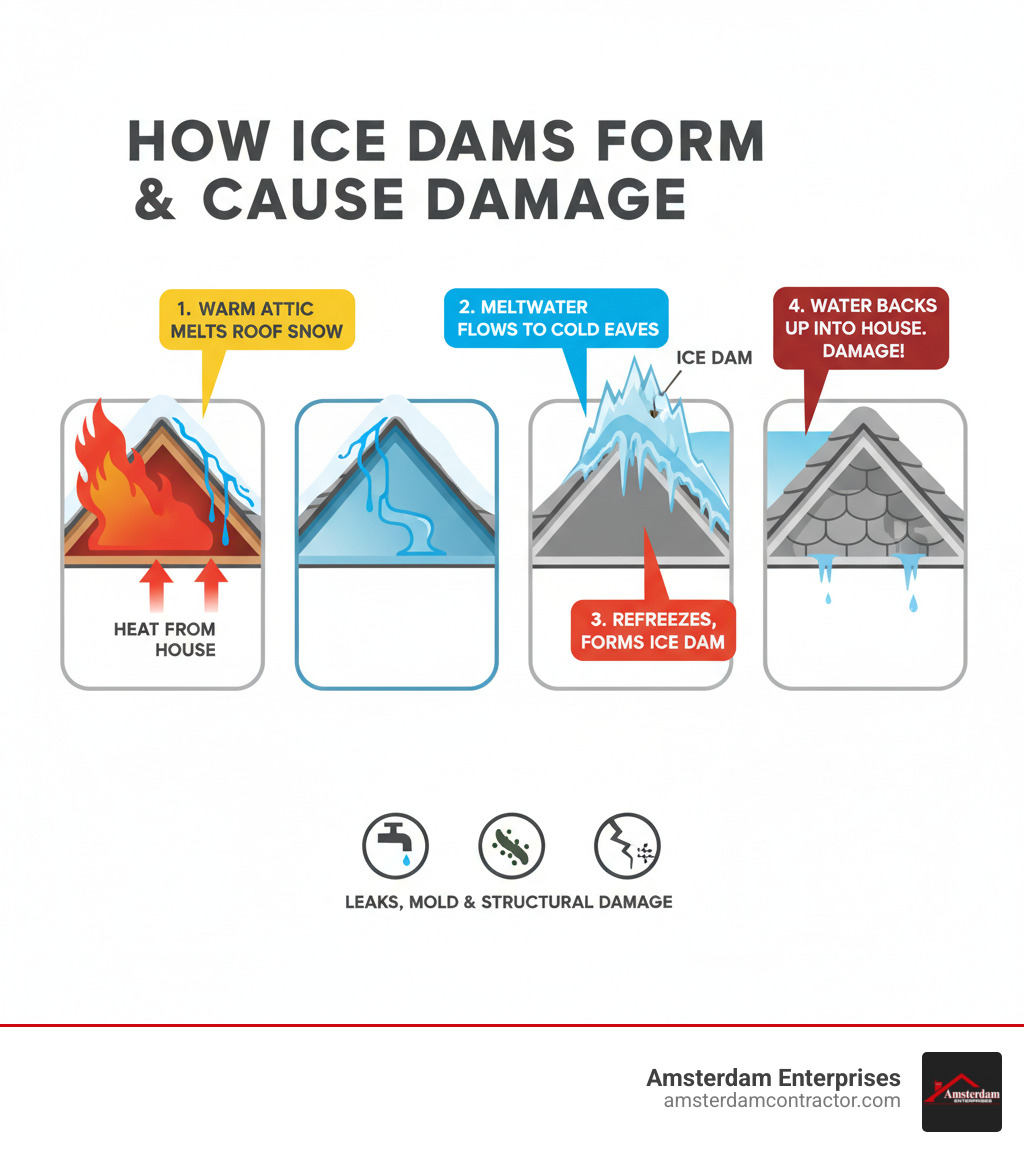 Infographic explaining how an ice dam forms and causes damage: Heat from house warms attic, melting snow on roof; Meltwater flows down to cold eaves; Meltwater refreezes at eaves, forming ice dam; Water backs up behind ice dam, under shingles, and into house. - Fall roof maintenance infographic 