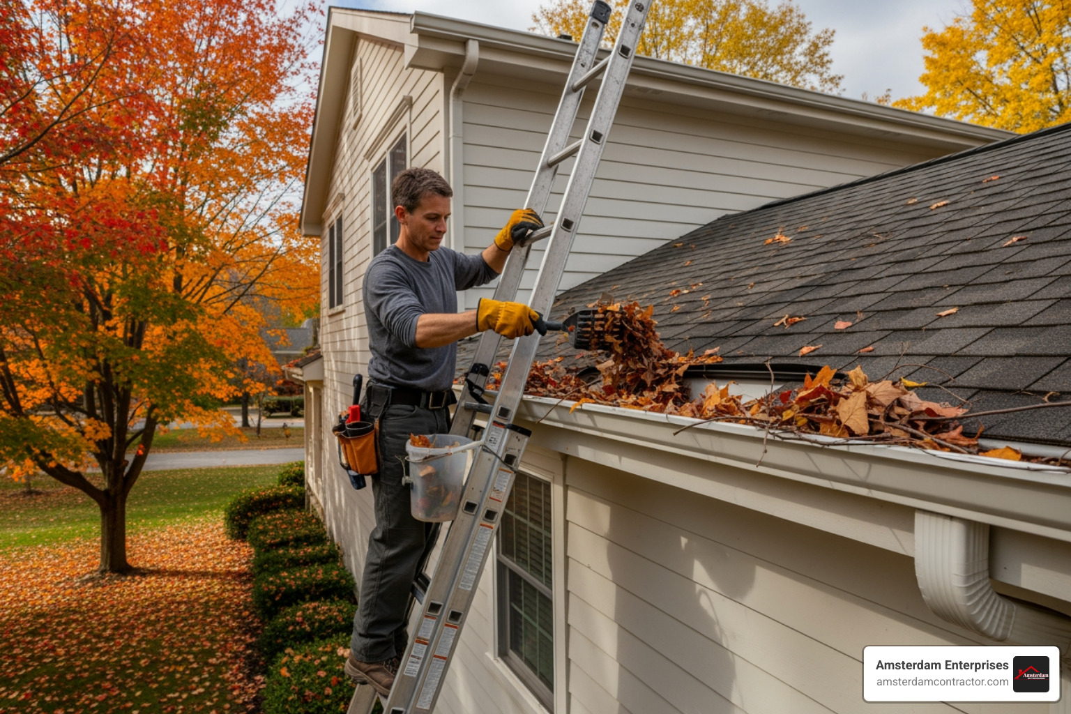 homeowner safely cleaning leaves from a gutter - Fall roof maintenance