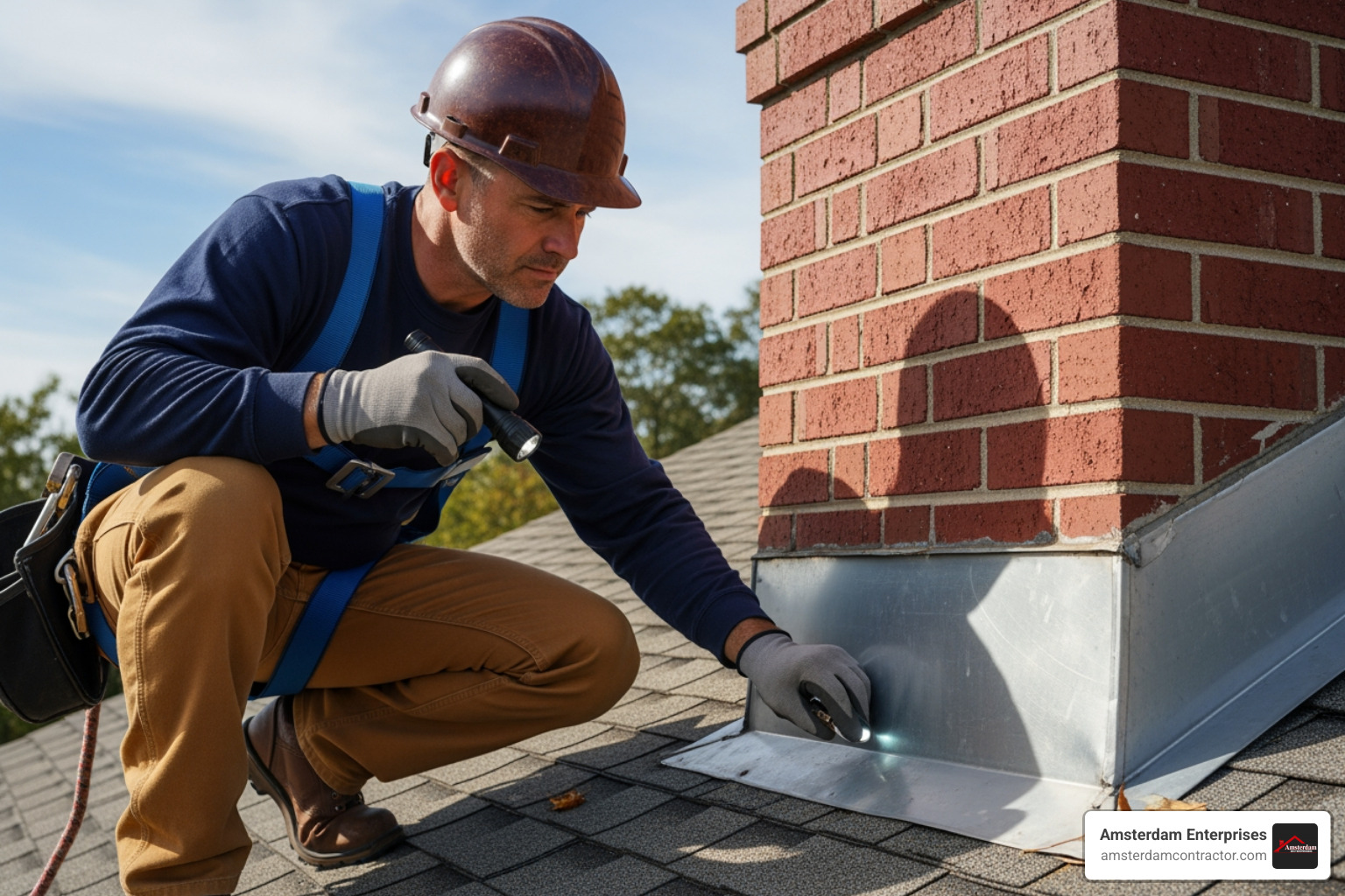 professional roofer inspecting flashing around a chimney - Fall roof maintenance