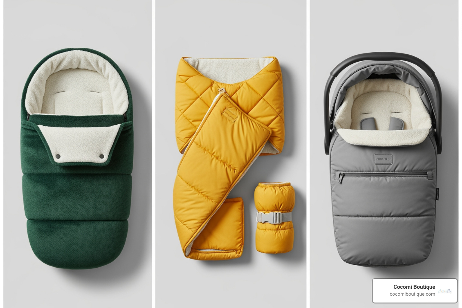 Collage of classic, convertible, and car seat-specific footmuffs - how to choose a baby footmuff