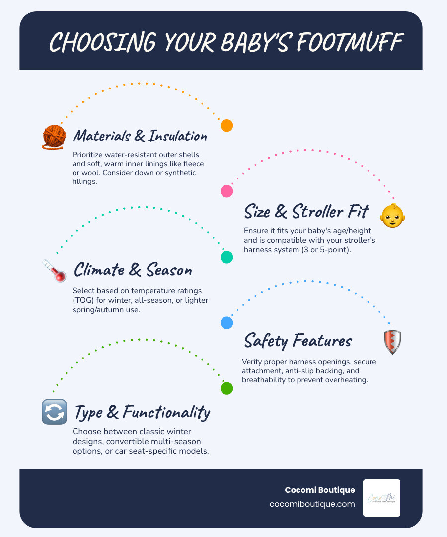 Infographic comparing the safety and convenience of a footmuff versus a traditional stroller blanket - how to choose a baby footmuff infographic infographic-line-5-steps-blues-accent_colors