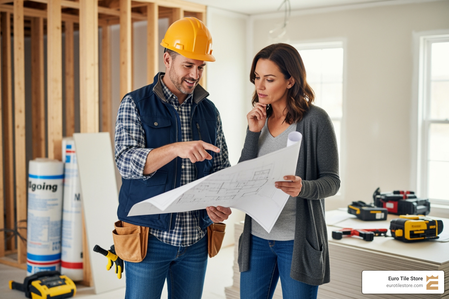Contractor showing a client blueprints in a home under renovation - remodelers near me