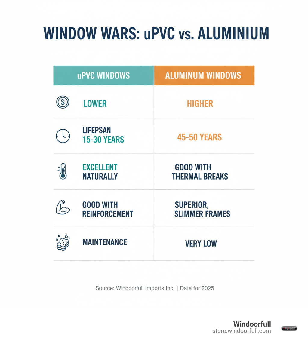 Infographic comparing uPVC and Aluminium windows across five key metrics: Cost (uPVC: Lower, Aluminium: Higher), Lifespan (uPVC: 15-30 years, Aluminium: 45-50 years), Insulation (uPVC: Excellent naturally, Aluminium: Good with thermal breaks), Strength (uPVC: Good with reinforcement, Aluminium: Superior, slimmer frames), and Maintenance (uPVC: Very low, Aluminium: Very low) - are aluminium windows better than upvc infographic Infographic comparing uPVC and Aluminium windows across five key metrics: Cost (uPVC: Lower, Aluminium: Higher), Lifespan (uPVC: 15-30 years, Aluminium: 45-50 years), Insulation (uPVC: Excellent naturally, Aluminium: Good with thermal breaks), Strength (uPVC: Good with reinforcement, Aluminium: Superior, slimmer frames), and Maintenance (uPVC: Very low, Aluminium: Very low) - are aluminium windows better than upvc infographic
