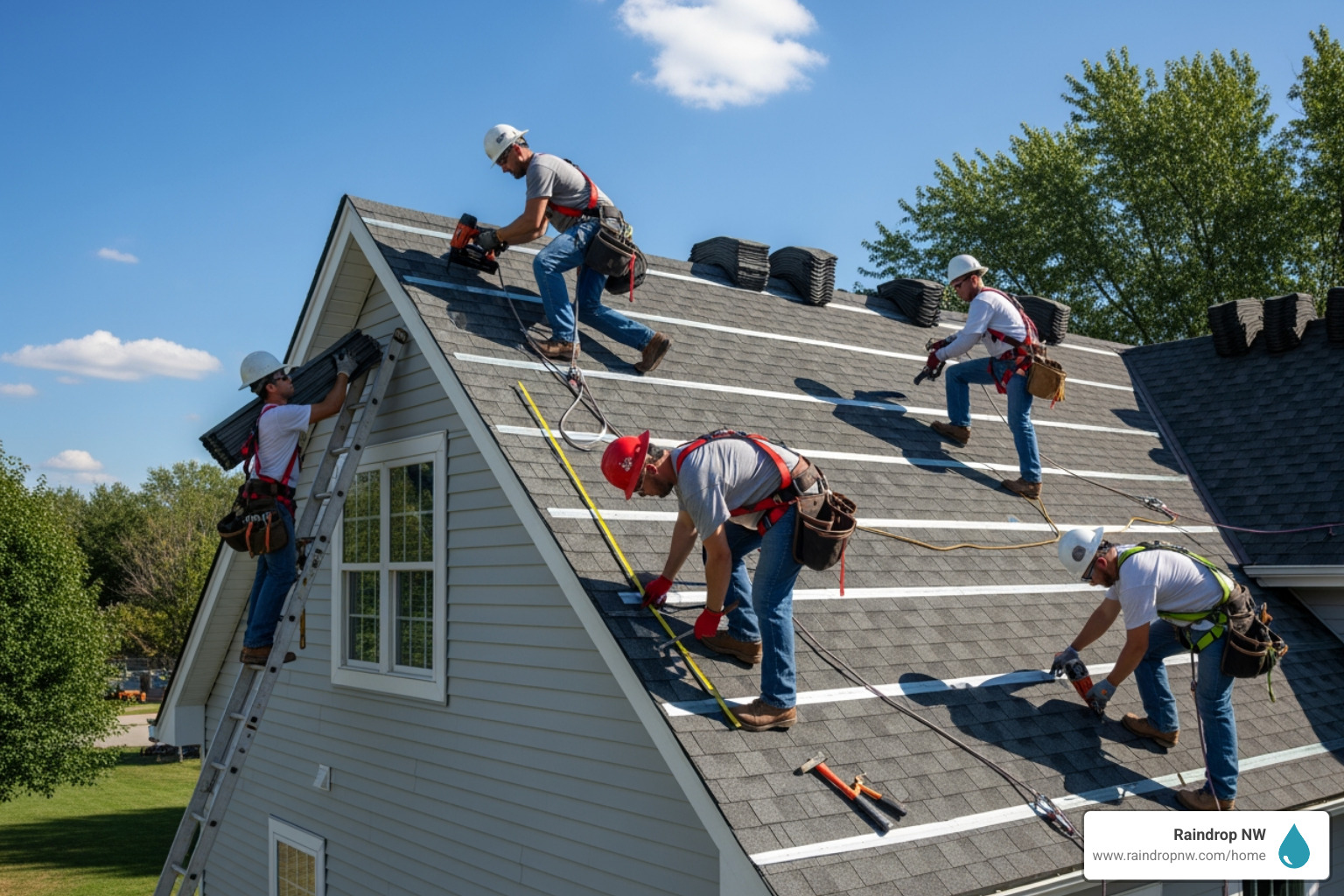 a roofing team working on a new roof installation - asphalt shingle roofing contractor in west hills or