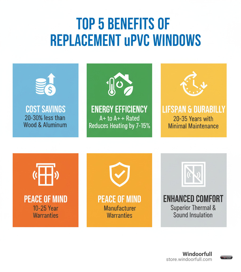 infographic showing the top 5 benefits of replacement upvc windows including cost savings of 20-30% compared to wood and aluminum, energy efficiency ratings of A+ to A++, lifespan of 20-35 years with minimal maintenance, superior thermal insulation reducing heating costs by 7-15%, and 10-25 year manufacturer warranties - replacement upvc windows infographic infographic showing the top 5 benefits of replacement upvc windows including cost savings of 20-30% compared to wood and aluminum, energy efficiency ratings of A+ to A++, lifespan of 20-35 years with minimal maintenance, superior thermal insulation reducing heating costs by 7-15%, and 10-25 year manufacturer warranties - replacement upvc windows infographic