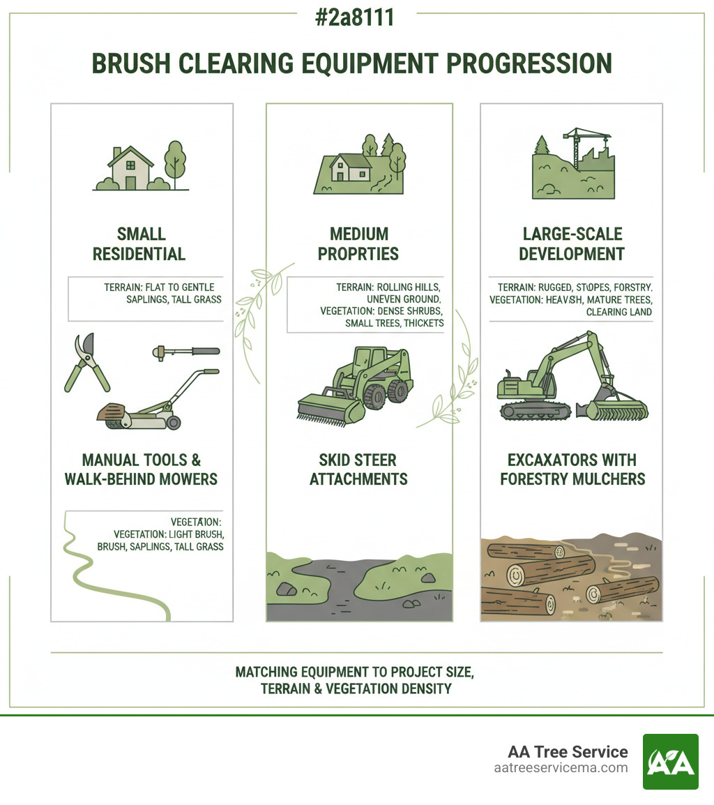 Infographic showing the progression of brush clearing equipment from small residential projects requiring manual tools and walk-behind mowers, to medium-sized properties needing skid steer attachments, to large-scale land development requiring excavators with forestry mulchers, with terrain types and vegetation density mapped to each equipment category - brush clearing equipment infographic 