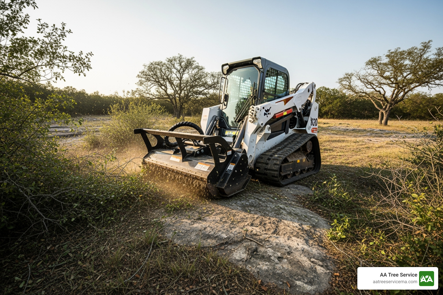 compact track loader with a brush cutter attachment on uneven terrain - brush clearing equipment