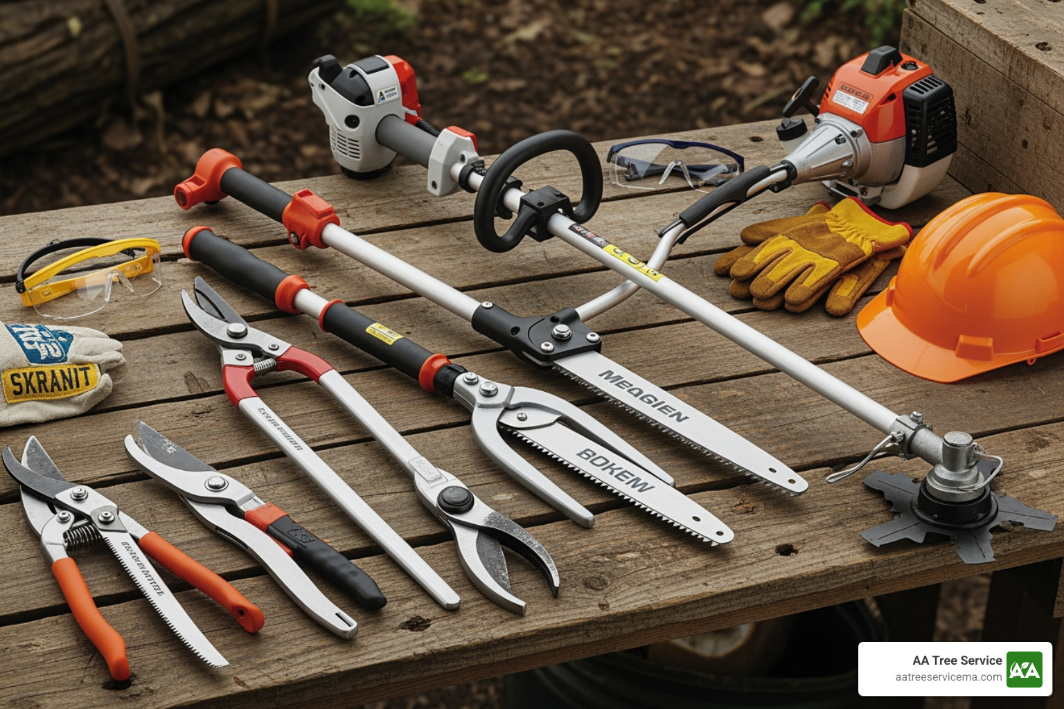 collection of handheld tools like loppers, a pole saw, and a heavy-duty string trimmer - brush clearing equipment