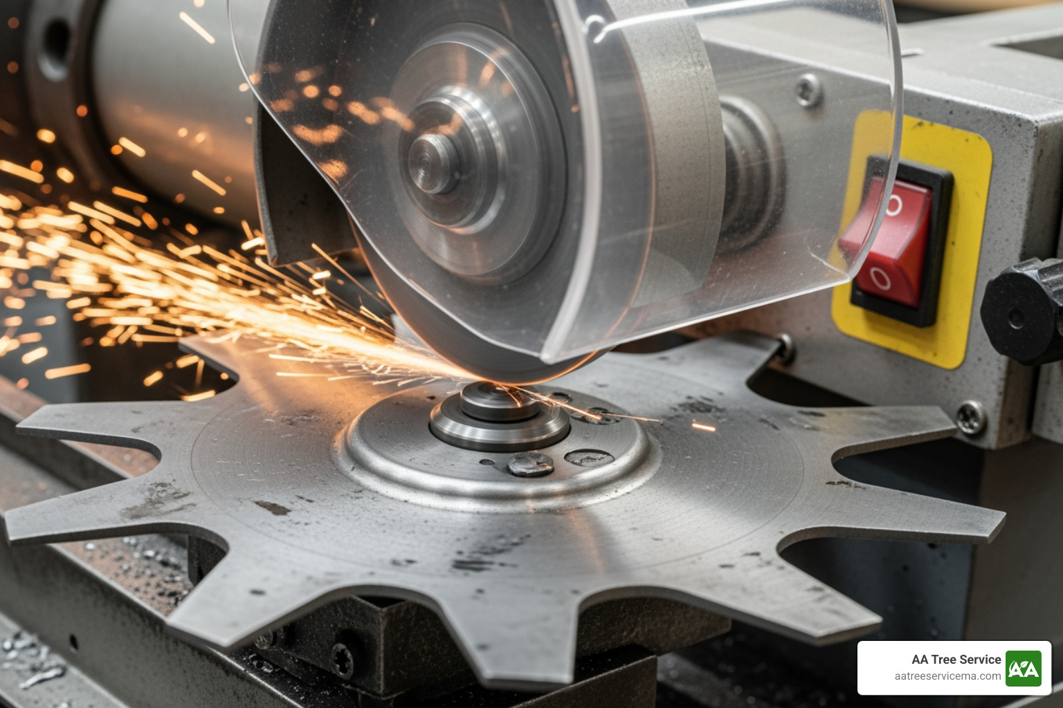 worker safely sharpening a brush cutter blade - brush clearing equipment
