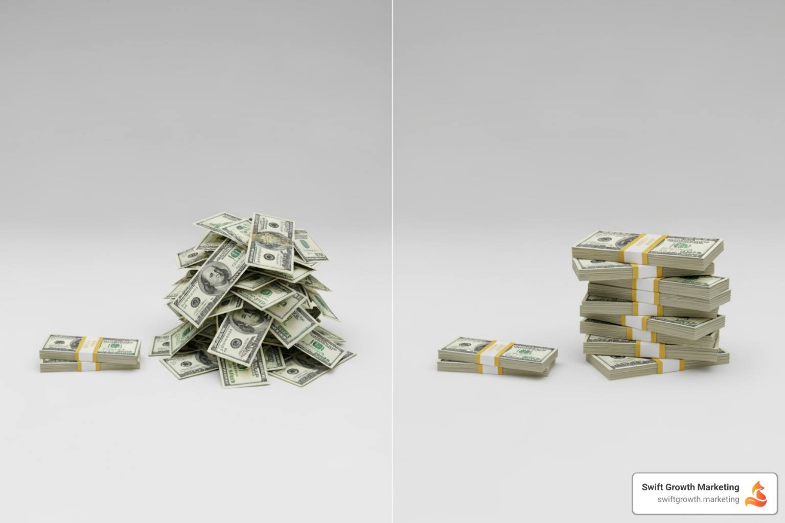Comparison of two campaign scenarios: one with a high ROAS (e.g., $5 revenue for $1 ad spend) showing profit, and another with a low ROAS (e.g., $1.5 revenue for $1 ad spend) indicating less profit or loss - google ads formula