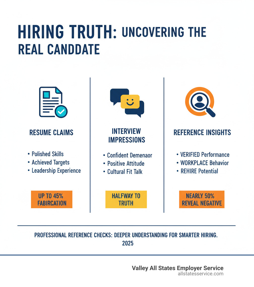 infographic showing resume claims versus interview impressions versus professional reference check insights - professional reference checking company infographic 