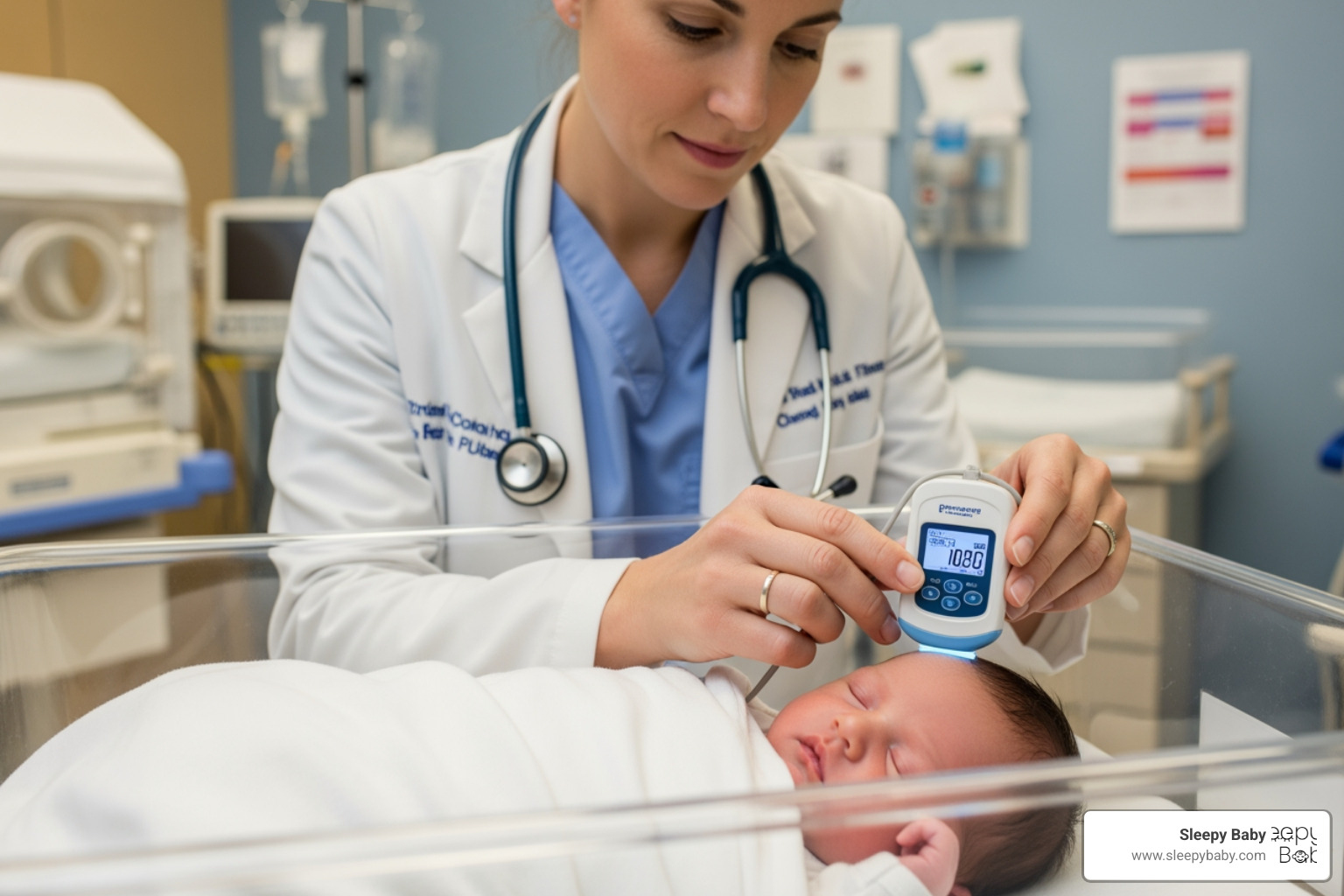 doctor using a transcutaneous bilirubinometer on a baby's forehead - does jaundice make babies sleepy