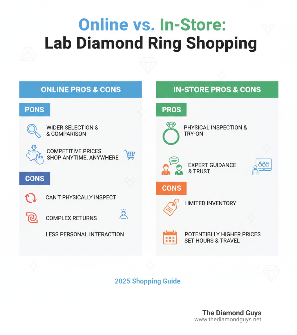 pros and cons of buying online vs in-store - best lab diamond ring infographic pros and cons of buying online vs in-store - best lab diamond ring infographic