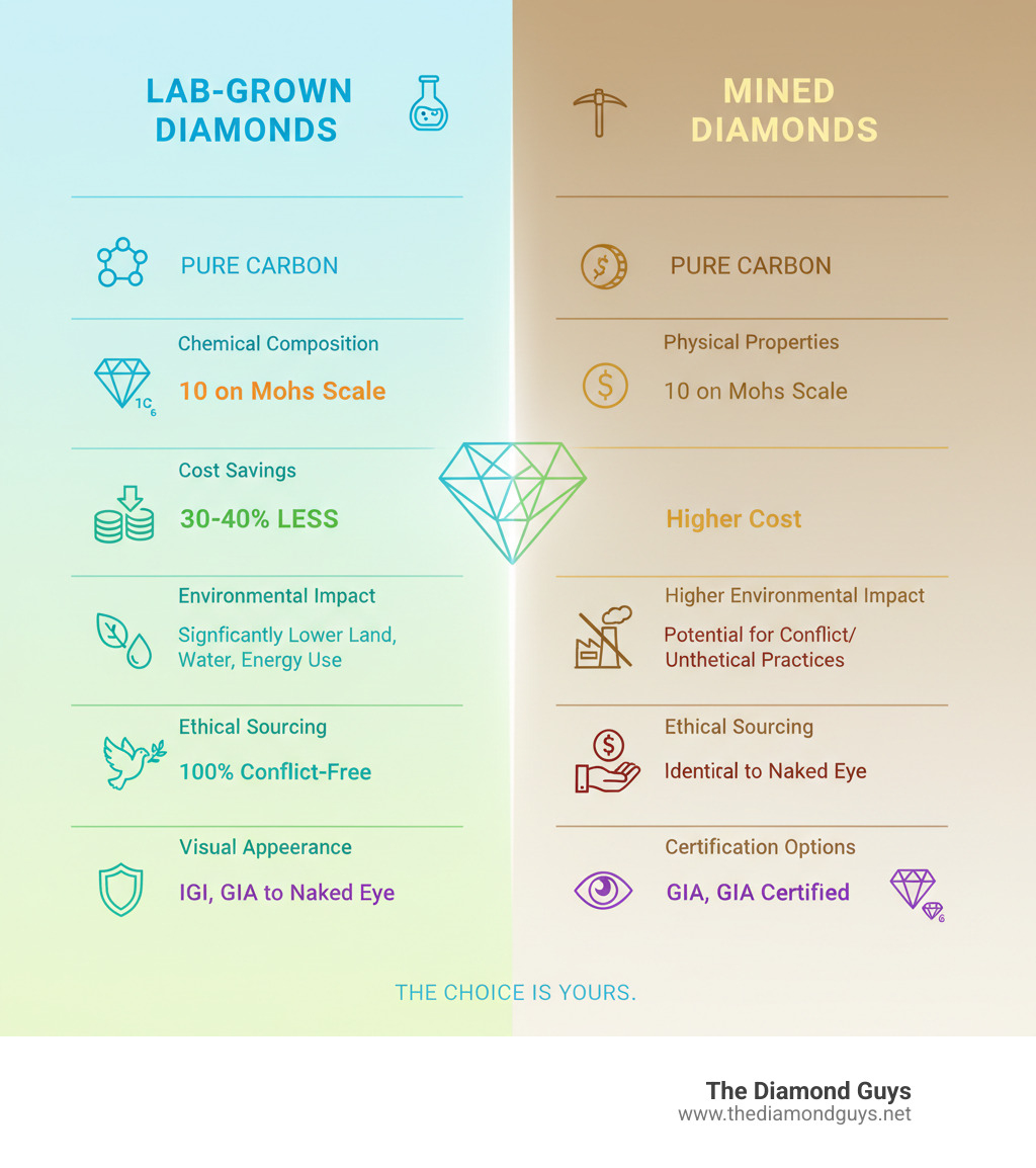 Infographic comparing lab-grown diamonds to mined diamonds, showing chemical composition (pure carbon), physical properties (10 on Mohs scale), cost savings (30-40% less), environmental impact (significantly lower land, water, and energy use), ethical sourcing (100% conflict-free), certification options (IGI, GIA), and visual appearance (identical to naked eye) - best lab diamond ring infographic Infographic comparing lab-grown diamonds to mined diamonds, showing chemical composition (pure carbon), physical properties (10 on Mohs scale), cost savings (30-40% less), environmental impact (significantly lower land, water, and energy use), ethical sourcing (100% conflict-free), certification options (IGI, GIA), and visual appearance (identical to naked eye) - best lab diamond ring infographic