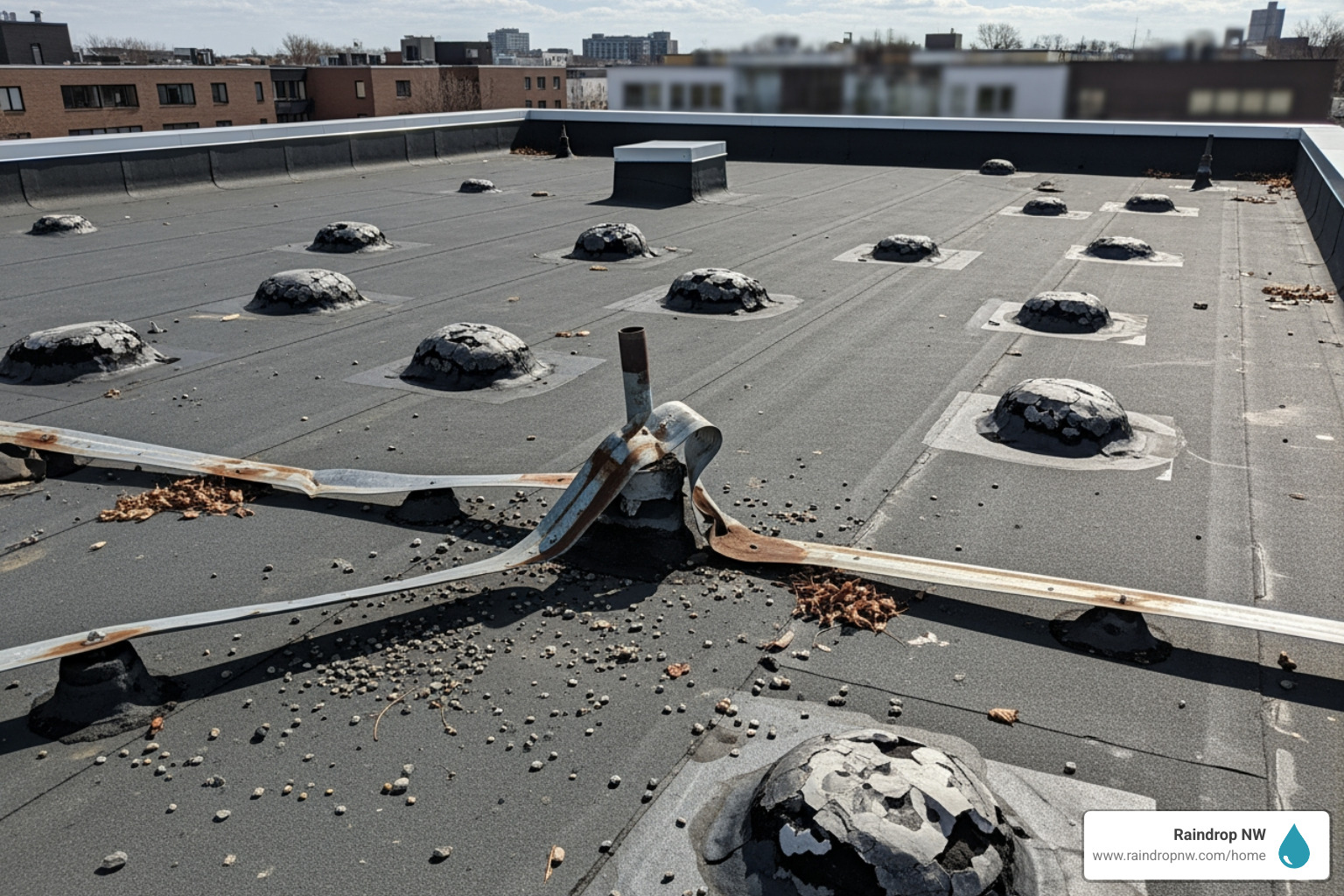 commercial roof with blistering and damaged flashing - commercial new and replacement roofs service in lake oswego or commercial roof with blistering and damaged flashing - commercial new and replacement roofs service in lake oswego or