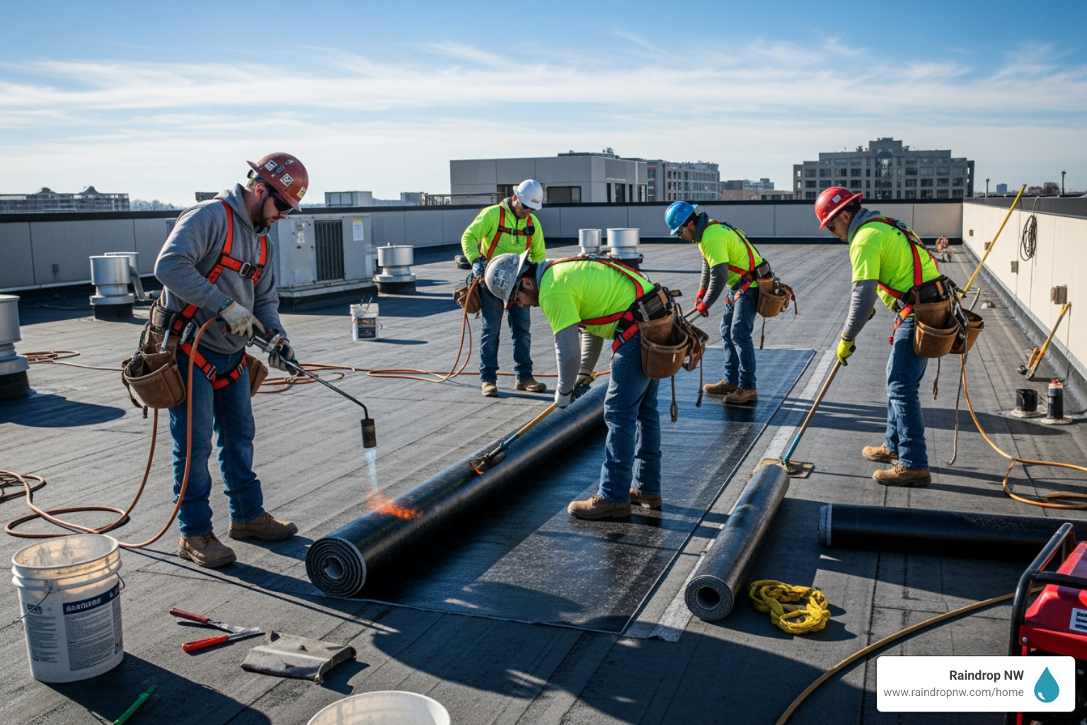 professional roofing crew on commercial roof - commercial new and replacement roofs service in lake oswego or professional roofing crew on commercial roof - commercial new and replacement roofs service in lake oswego or
