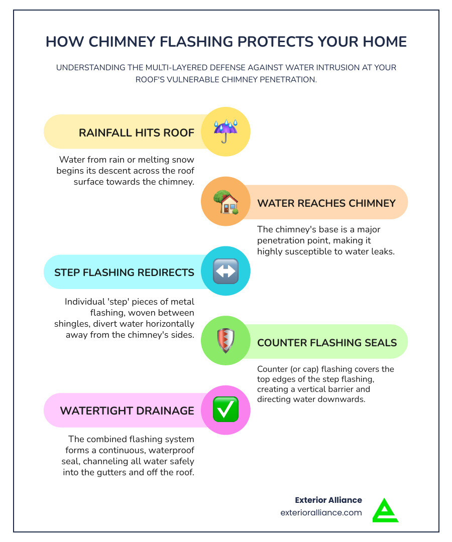 Infographic explaining how water flows down a roof and is diverted by chimney flashing - chimney flashing repair infographic infographic-line-5-steps-colors