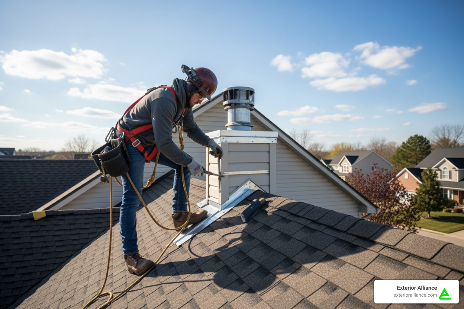 roofer safely working on chimney flashing - chimney flashing repair