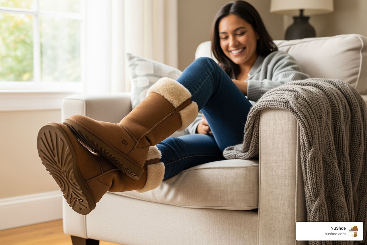 person happily wearing well-maintained UGG boots - ugg sole replacement