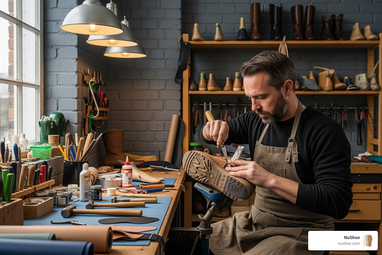professional cobbler working on a boot sole - ugg sole replacement