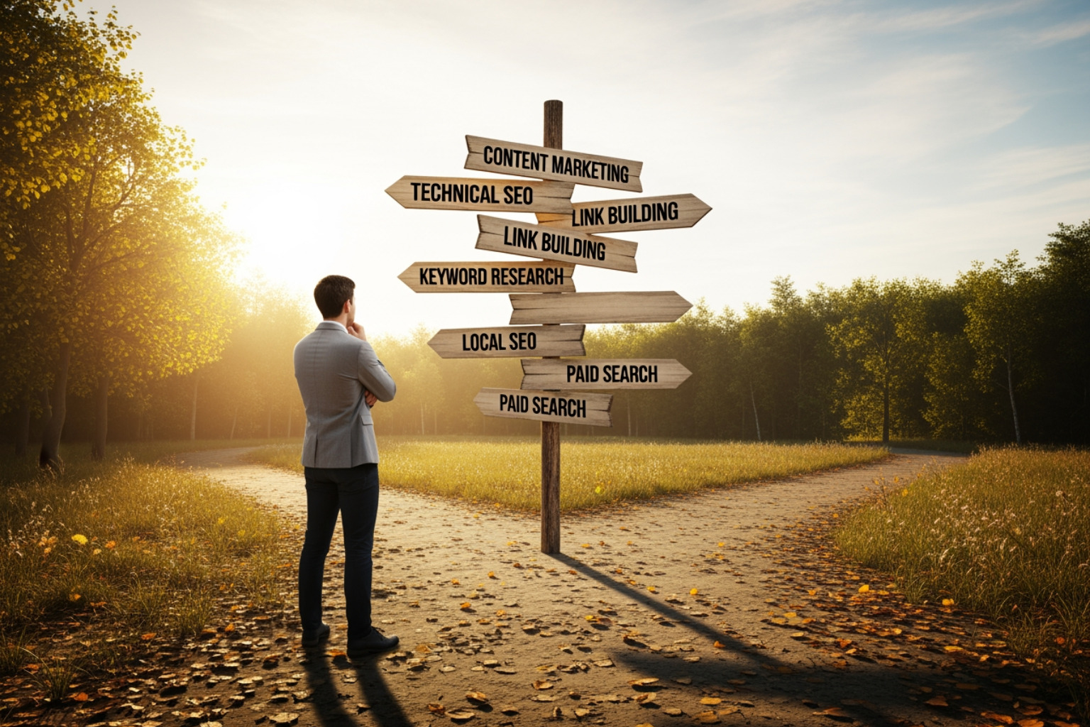 person at a crossroads with signs for different SEO strategies - Automated SEO solutions