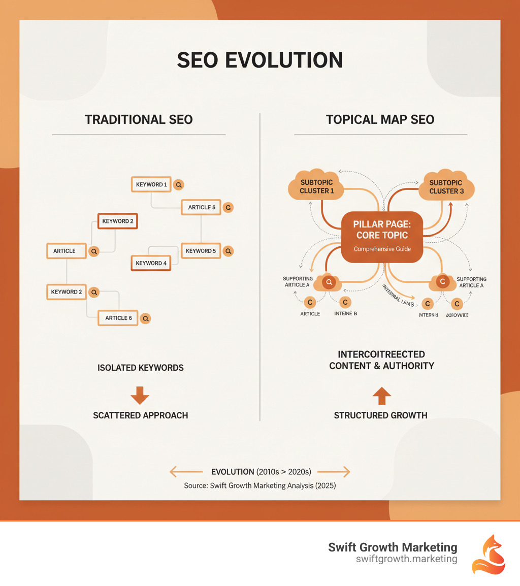 Infographic showing the evolution from traditional keyword-focused SEO (isolated keywords with individual articles) to modern topical map SEO (interconnected topic clusters with pillar pages at the center, supporting subtopic pages branching out, and internal links connecting related content to build comprehensive topical coverage and authority) - topical map seo infographic 