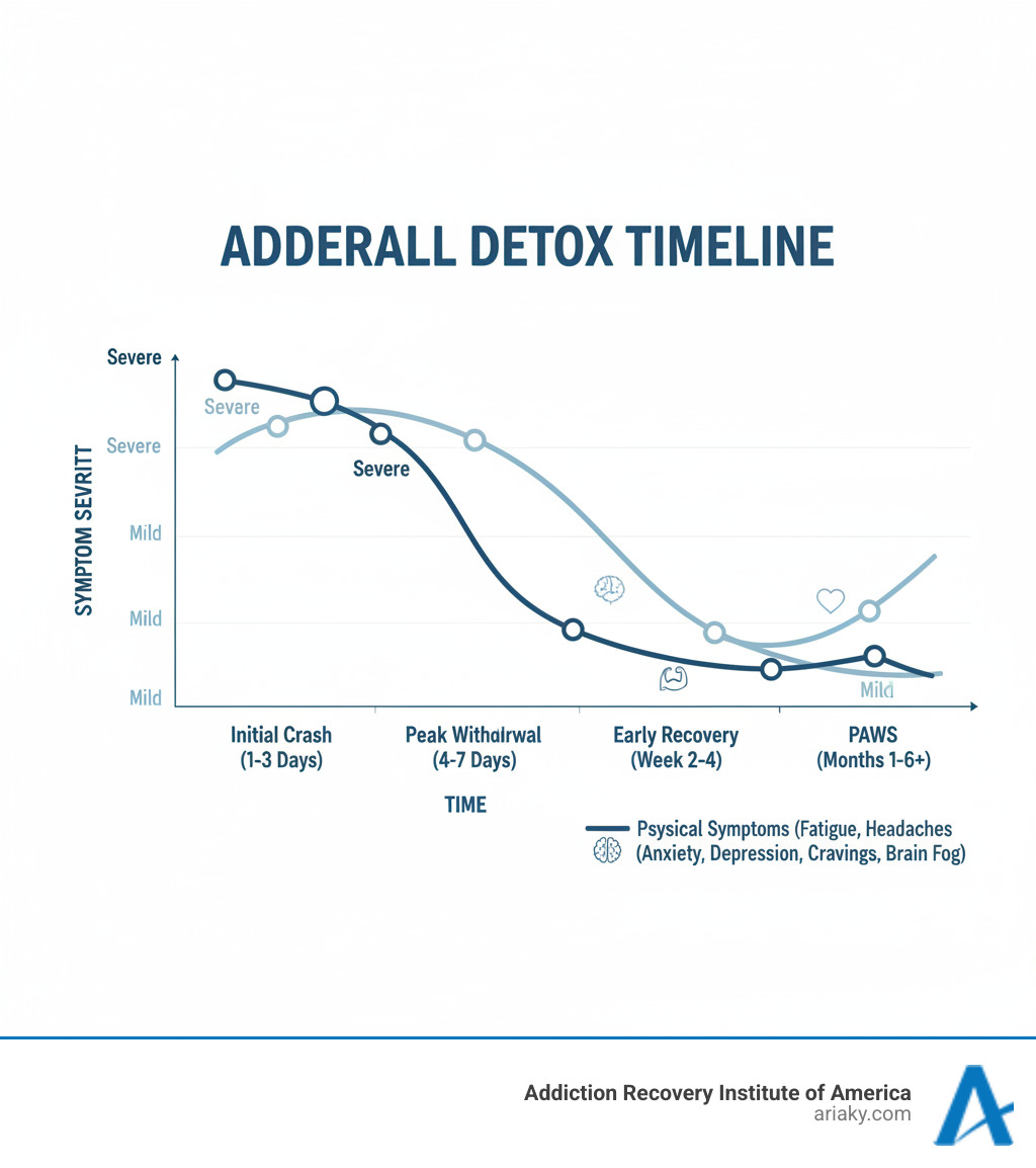 Infographic showing the Adderall detox timeline from initial crash through PAWS, with symptom severity on the y-axis and time on the x-axis, displaying physical symptoms declining while psychological symptoms persist longer - Adderall detox process infographic 