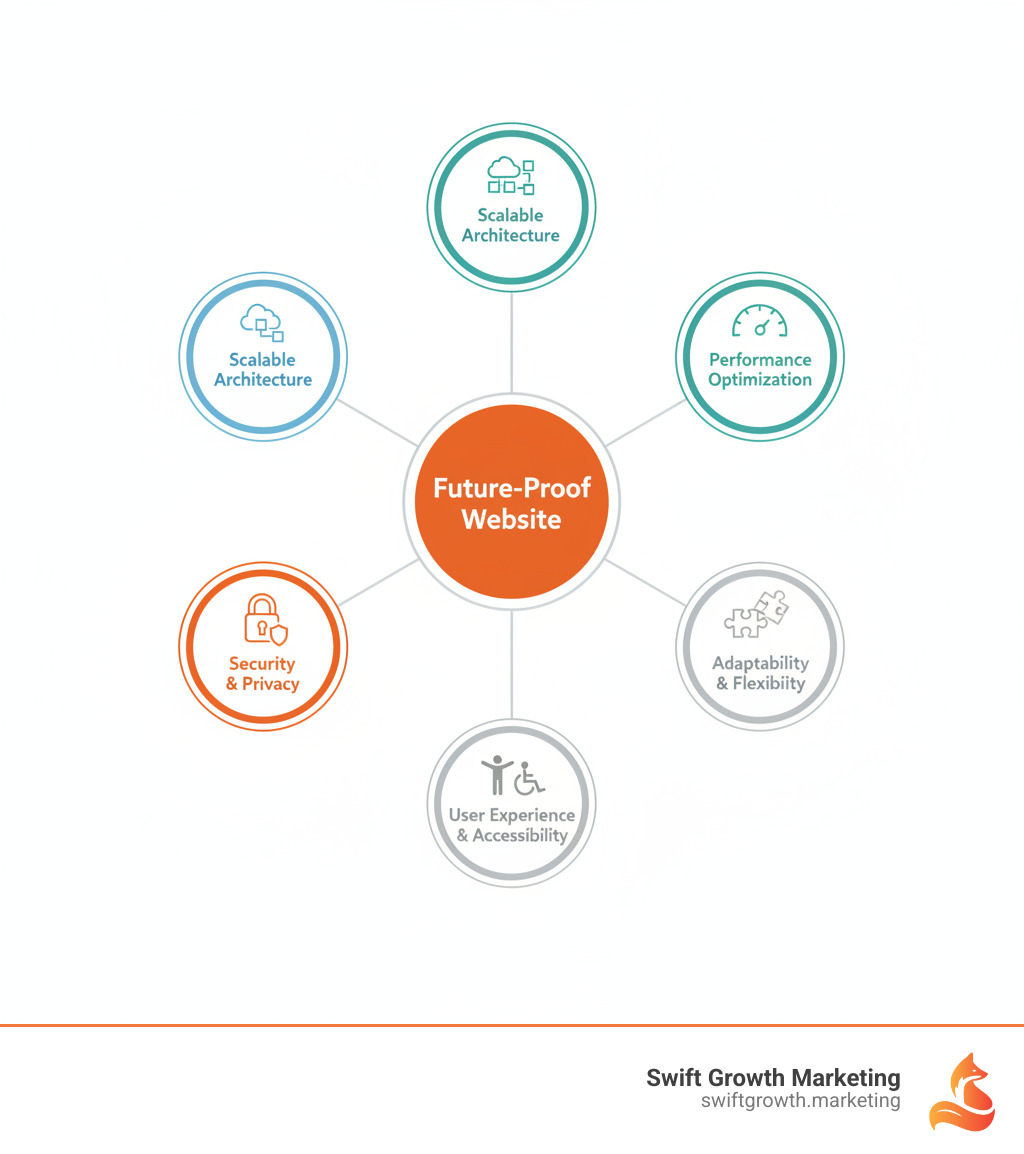 Infographic showing the five key pillars of future-proof website design: a central circle labeled "Future-Proof Website" connected to five outer circles labeled "Scalable Architecture" (with cloud and microservices icons), "Performance Optimization" (with speedometer icon), "Security & Privacy" (with lock icon), "Adaptability & Flexibility" (with puzzle pieces icon), and "User Experience & Accessibility" (with user and accessibility icons) - future proof website design infographic 