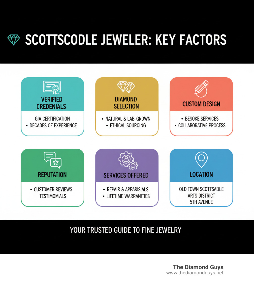 Infographic showing key factors when choosing a Scottsdale jeweler: verified credentials (GIA certification, decades of experience), diamond selection (natural and lab-grown options, ethical sourcing), custom design capabilities (bespoke services, collaborative process), reputation (customer reviews, testimonials), services offered (custom design, repair, appraisals, lifetime warranties), and location benefits (Old Town Scottsdale, Arts District, 5th Avenue) - jeweler in scottsdale az infographic Infographic showing key factors when choosing a Scottsdale jeweler: verified credentials (GIA certification, decades of experience), diamond selection (natural and lab-grown options, ethical sourcing), custom design capabilities (bespoke services, collaborative process), reputation (customer reviews, testimonials), services offered (custom design, repair, appraisals, lifetime warranties), and location benefits (Old Town Scottsdale, Arts District, 5th Avenue) - jeweler in scottsdale az infographic