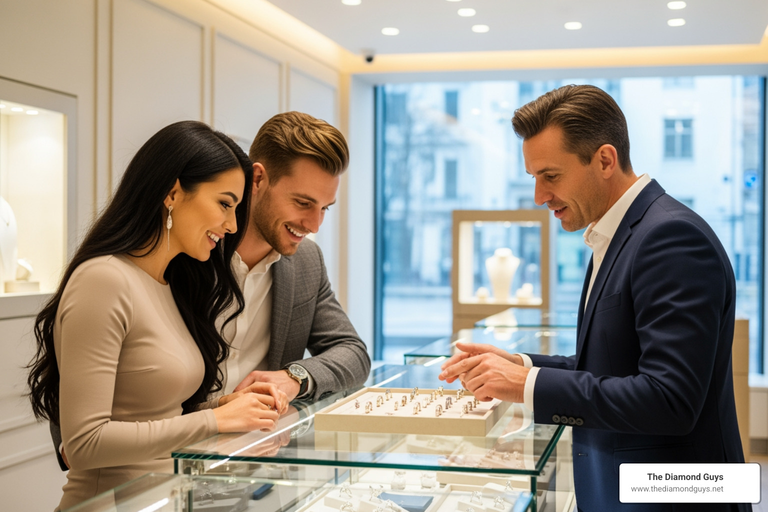 a happy couple consulting with a jeweler in a bright, modern showroom - jeweler in scottsdale az a happy couple consulting with a jeweler in a bright, modern showroom - jeweler in scottsdale az