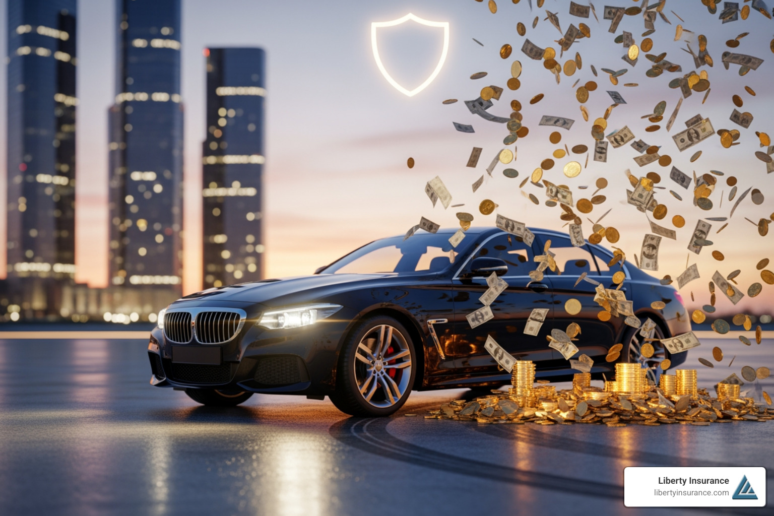 Car with various insurance coverage icons branching out - full coverage car insurance Car with various insurance coverage icons branching out - full coverage car insurance