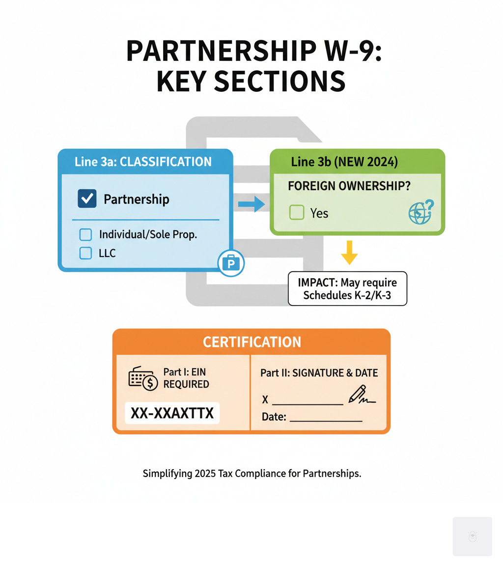 Infographic showing the structure of Form W-9 for partnerships, highlighting Line 3a for partnership classification, the new Line 3b for foreign ownership disclosure, and the certification section requiring an EIN and signature - W9 form for partnership infographic Infographic showing the structure of Form W-9 for partnerships, highlighting Line 3a for partnership classification, the new Line 3b for foreign ownership disclosure, and the certification section requiring an EIN and signature - W9 form for partnership infographic