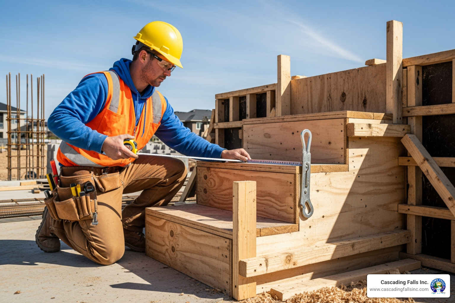 builder measuring concrete step form - concrete steps builder