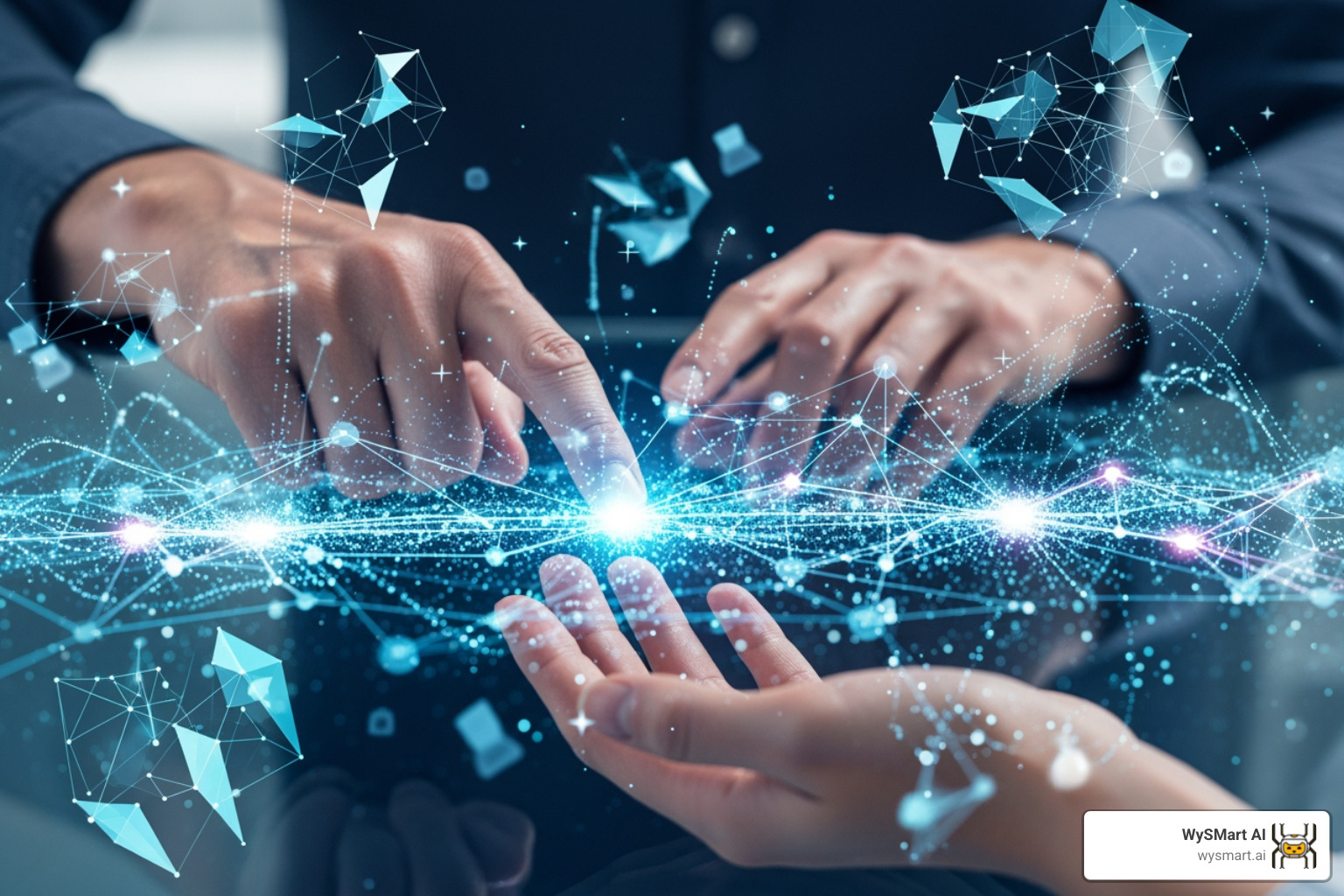 A conceptual image showing AI elements like neural networks and data visualizations intertwined with human hands, representing collaboration and ethical oversight - AI driven marketing strategy