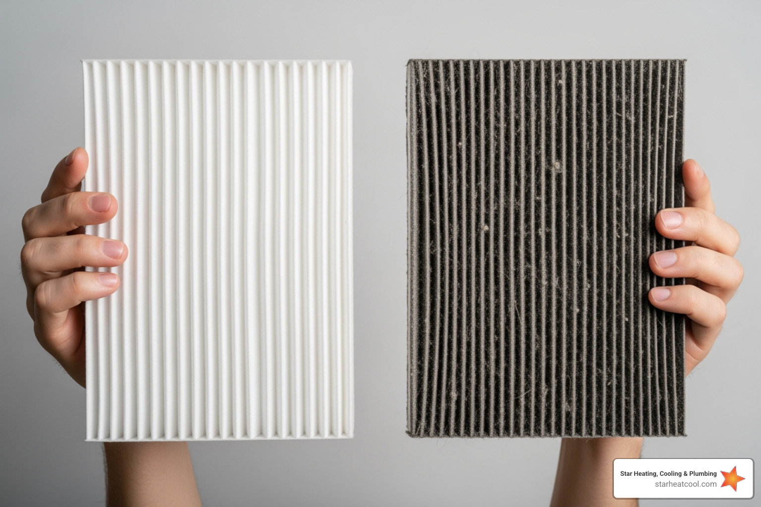 person holding a clean furnace filter next to a dirty one - heating blowing cold air in anderson in person holding a clean furnace filter next to a dirty one - heating blowing cold air in anderson in