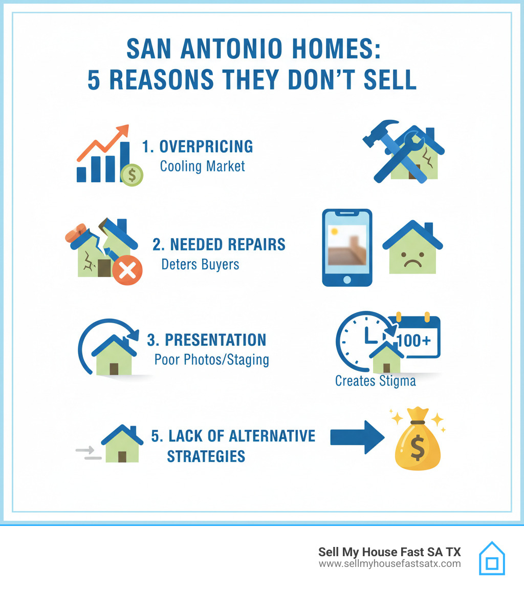 Infographic showing the top 5 reasons San Antonio houses don't sell - why is my house not selling infographic Infographic showing the top 5 reasons San Antonio houses don't sell - why is my house not selling infographic