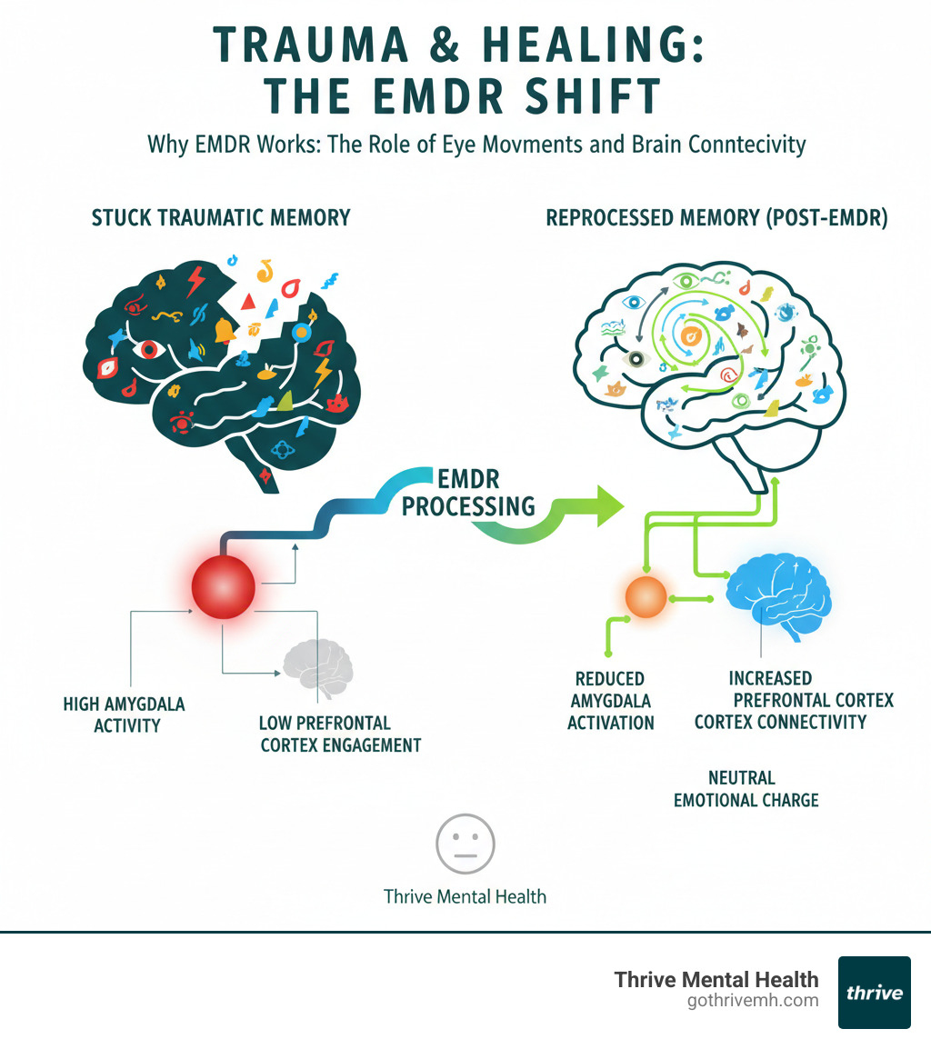 Infographic comparing a stuck traumatic memory (fragmented sensory details, high amygdala activity, low prefrontal cortex engagement) versus a reprocessed memory after EMDR (integrated narrative, reduced amygdala activation, increased prefrontal cortex connectivity, neutral emotional charge) - Why EMDR Works: The Role of Eye Movements and Brain Connectivity infographic Infographic comparing a stuck traumatic memory (fragmented sensory details, high amygdala activity, low prefrontal cortex engagement) versus a reprocessed memory after EMDR (integrated narrative, reduced amygdala activation, increased prefrontal cortex connectivity, neutral emotional charge) - Why EMDR Works: The Role of Eye Movements and Brain Connectivity infographic