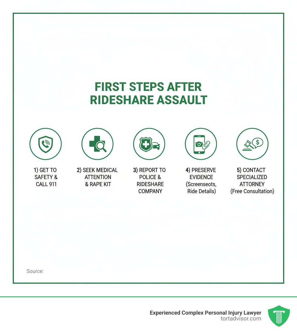 First steps after rideshare assault infographic showing: 1) Get to safety and call 911, 2) Seek immediate medical attention and rape kit examination, 3) Report assault to police and rideshare company, 4) Preserve all evidence including screenshots and ride details, 5) Contact a specialized sexual assault attorney for free consultation - uber sexual assault lawyer infographic First steps after rideshare assault infographic showing: 1) Get to safety and call 911, 2) Seek immediate medical attention and rape kit examination, 3) Report assault to police and rideshare company, 4) Preserve all evidence including screenshots and ride details, 5) Contact a specialized sexual assault attorney for free consultation - uber sexual assault lawyer infographic