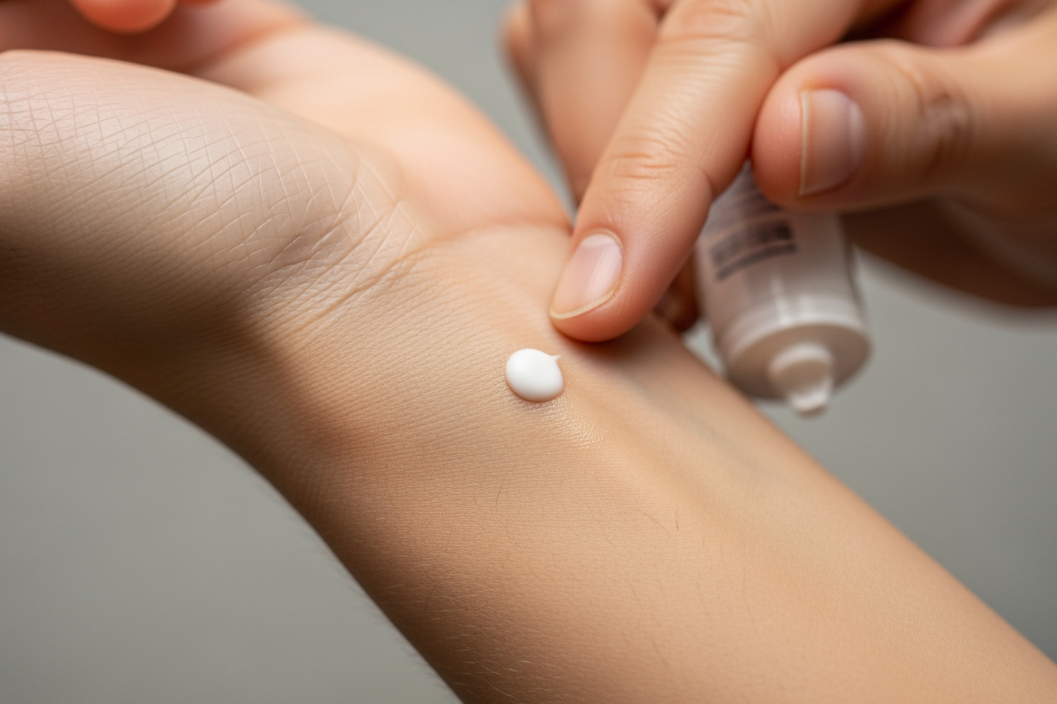 a person applying a small amount of cream to their inner wrist for a patch test - aloe vera cream a person applying a small amount of cream to their inner wrist for a patch test - aloe vera cream