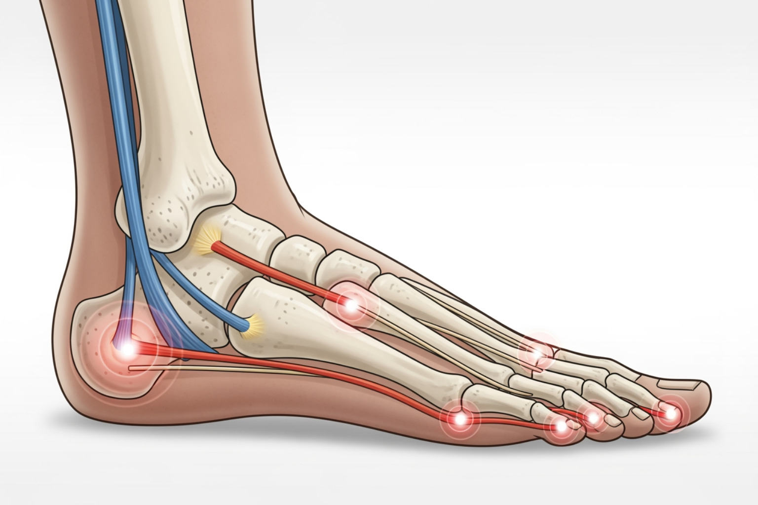 The foot's anatomy highlighting the plantar fascia, Achilles tendon, heel bone, and metatarsals, with callouts for common pain points. - foot cream pain The foot's anatomy highlighting the plantar fascia, Achilles tendon, heel bone, and metatarsals, with callouts for common pain points. - foot cream pain